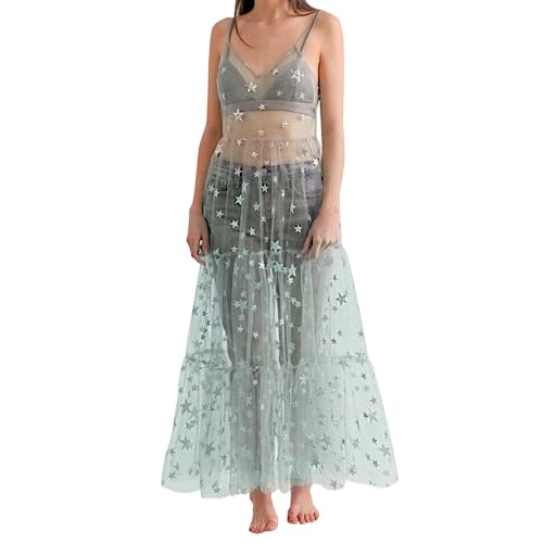Women's See Through Tulle Maxi Dress Shiny...