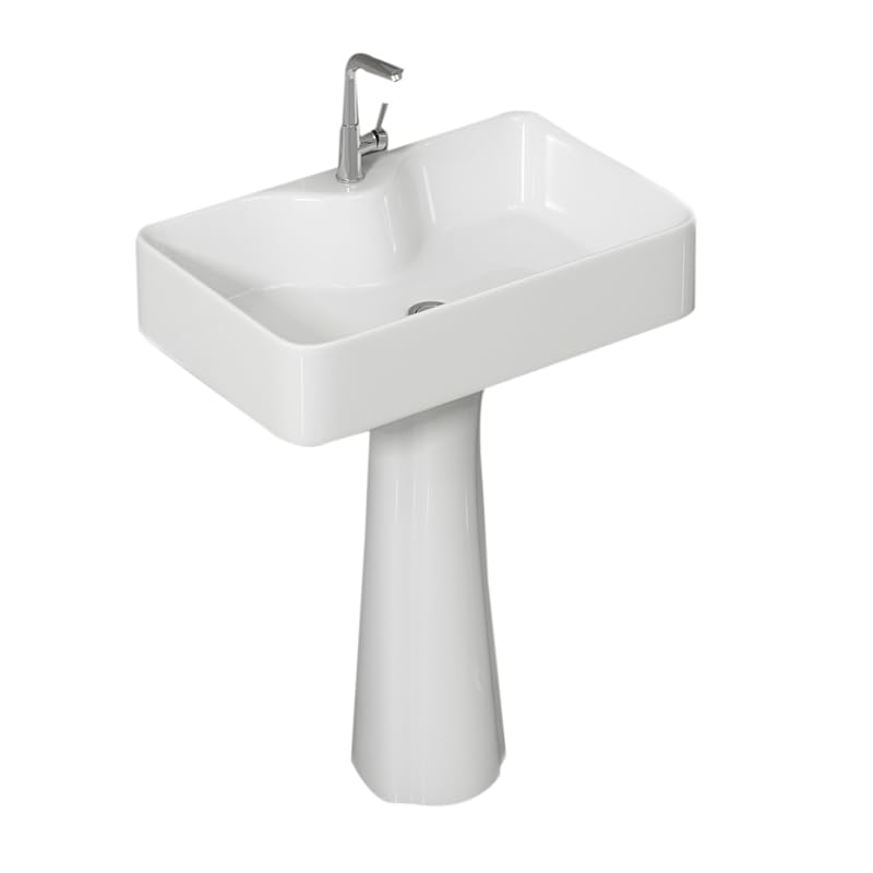 Fregadero de baño independiente moderno con grifo y kit de drenaje, lavabo compacto de pie para el hogar, diseño que ahorra espacio, elegante accesorio de baño pequeño