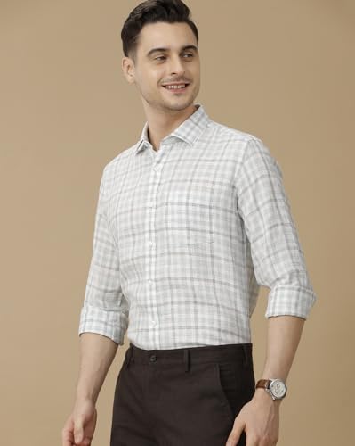 Image of Linen Club Men's Pure Linen Blue Checked Contemporary Fit Half Sleeve Casual Shirt