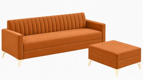 Image of AMATA Falcon ele 4 Seater Fabric Suede Velvet Orange Colour Sofa Set with Four Cushions Perfect for Home Office Guests Living Room (Falcon Orange 01, Falcon 4 Seater l Shape)