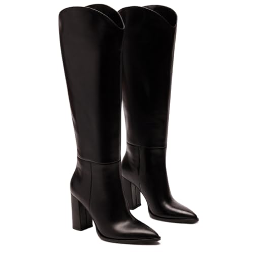 Knee High Black Boots - Women's Pointed Toe Tall Boots with 3.5 In Chunky High Heel & Pull On Faux Leather