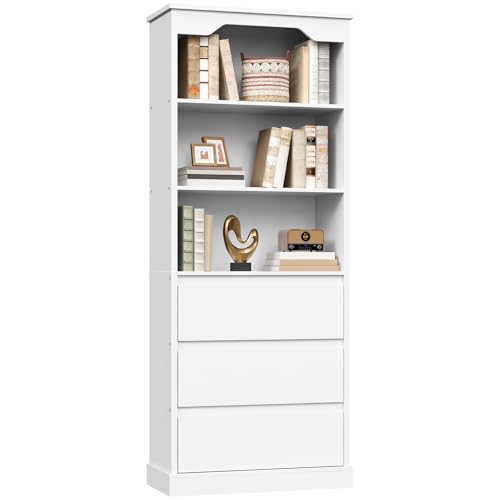 HOOBRO Librería con 3 Cajones, Biblioteca, Estantería de Oficina, Estantería Independiente, para Estudio, Dormitorio, Sala de Estar, Cocina, Blanco EWT33SJ01