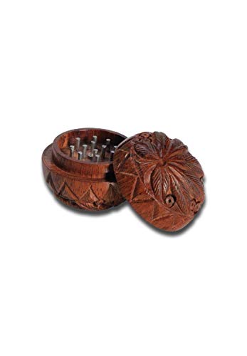 bong-discount Kräuter-Mühle, Herb-Crusher, HOLZ-Grinder | Kugel-Grinder, Motiv Blatt | 2-teilig | 36 x 36 mm | Stift…