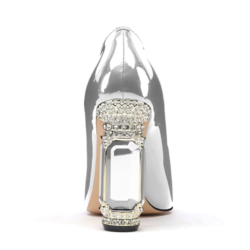 Image of JANSEVEN Women Chunky Heels Pumps Crystal Block Heels with Rhinestones Pointed Toe Sexy Gradient Patent Leather Slip on Bridal Party Wedding Dress Shoes 5-13 M US