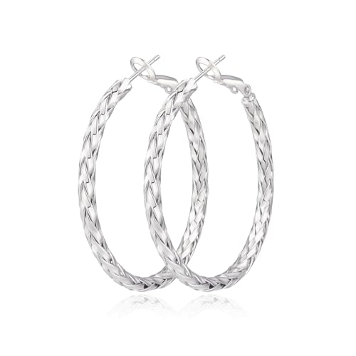 Geveay Silver Hoop Earrings for Women Lightweight 925 Sterling Silver Hoop Earrings Hypoallergenic Big Large Lightweight Twisted Silver Earrings for Women 30/40/50MM