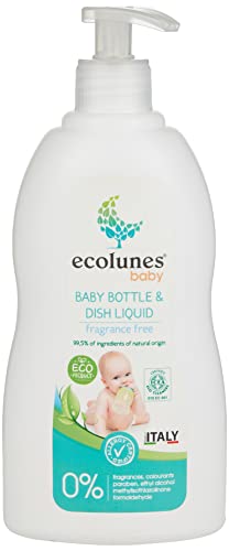 Ecolunes Líquido para biberones y vajilla sin perfume 99,5% ingredientes de origen natural, no provoca alergias, elaborado con detergentes de origen vegetal, testado dermatológicamente, 500 ml