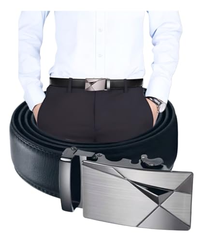 Cinto Social Masculino em Couro com Fivela Automática Geométrica, Design Moderno, Preto
