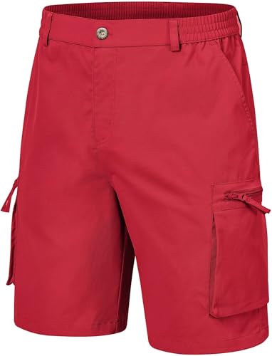 QPNGRP Mens 9 Inseam Stretch Waist Zipper Cargo Shorts with 6 Pockets Red 34