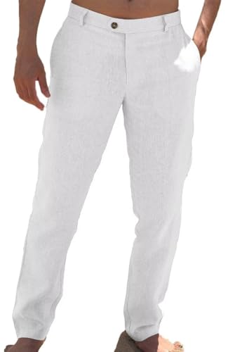Mens Linen Casual Trousers Lightweight Relaxed Fit Pants for Summer Beach with Pockets