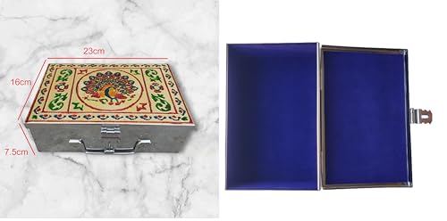 Image of Stainless Steel Storage Box, Cash Box, Pooja Peti, Organizer, Vanity Storage Box, Jewellery Safe Bank Locker, Cash Box With Handicrafts Digital Meena Kari Design (Blue, 9 Inch)