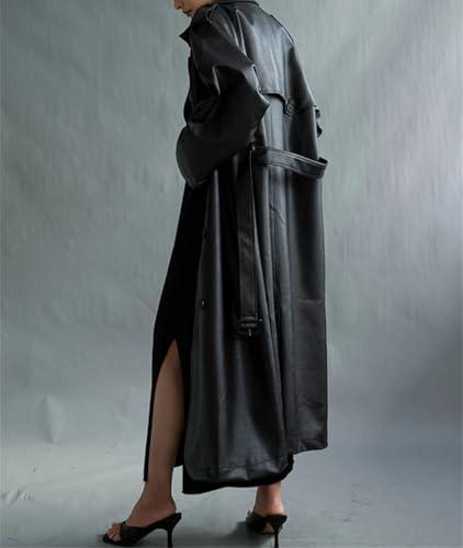 Trench long femme similicuir boutonné avec ceinture ajustable ajustée - 3