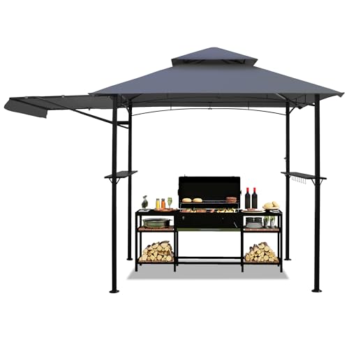 5'x 11' Grill Gazebo Canopy, Outdoor BBQ Gazebo with Extra Awning Led Light, Barbeque Gazebos Shelter for Patio (Grey)