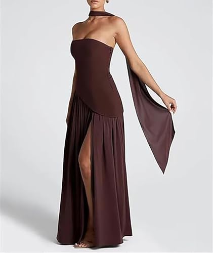 Women Strapless Corset Asymmetrical High Split Flowy Maxi Dresses Evening Gown Wedding Guest Dress with Scarf3