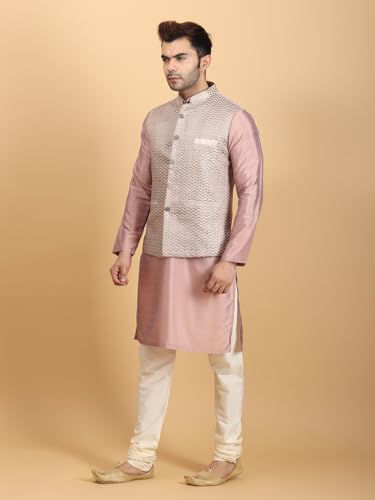 Image of Ethluxis Men Silk Blend Kurta Jacket Set with Mandarin Collar