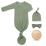 Hello World Newborn Knotted Gown 0-3 Months, Coming Home Outfit Baby Bamboo Viscose Sleeper with Hat,Headband,Wooden Sign (Grayish Green, Newborn)