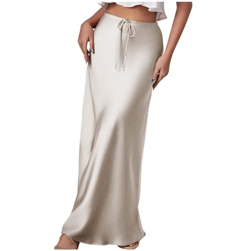 Womens Silk Skirt 2024 Summer Trendy Lace Up High Waist Maxi Skirt Flowy Casual Long Skirts with Mermaid Hem