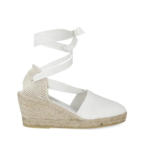 PAYMA   Sandalias Clásicas Cuñas de Esparto Yute de Mujer con Cintas al Tobillo. Hechas en España. Esparteras de Altura Media. Planta Acolchada en Tela. Atadas al Tobillo. Color: Blanco, Talla: EU 39