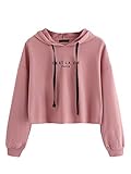 Romwe Women's Letter Print Sweatshirt Raw Hem Drawstring Crop Top Hoodie Pink# XL