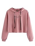 Romwe Women's Women's Letter Print Sweatshirt Raw Hem Drawstring Crop Top Hoodie Pink# S