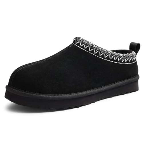 Genuine Suede Fuzzy Slippers for Women Winter Warm House Shoes Cozy Mini Boots Indoor Outdoor, Black 412