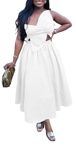 Image of YUEWOO Midi Dresses for Women Casual Summer Sundresses Vacation Outfits Spaghetti Strap Smocked Women Maxi Dress with Pockets