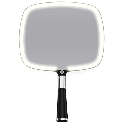 MIRRORVANA Lighted Travel Makeup Mirror - 2 in 1 Handheld & Tabletop LED Mirror with 3 Light Modes, Detachable Stand, and Comfy Handle - 9" x 13" (Black)