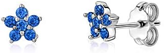 Sterling Silver Small Flower Stud Earrings Simulated Blue Sapphire for Girls 6mm