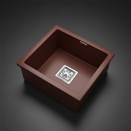 Image of BASINQU Quartz Sink for Kitchen | 18x16x9 Inches Brown Single Bowl Kitchen Sink | Granite UV Protected, Granite Scratch Resistant, Undermount /Topmount