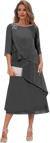 Tea Length Mother of The Bride Dresses for Women Wedding Short Sleeves Ruffle Chiffon Formal Evening Dress JH018