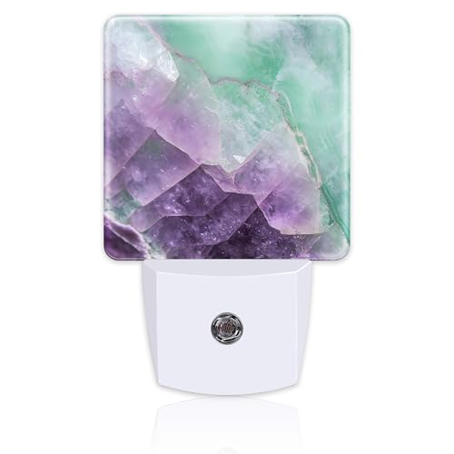 Image of Purple Green Fluorite Marble Night Light, Luxury Rock Gemstone Dusk to Dawn Night Light Plug in, 0.5w Energy Saving Sleep Friendly NightLight for Kids Boys Girls Home Decor