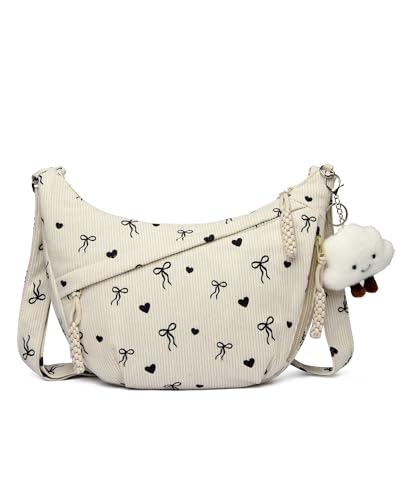 Micmores Umhängetasche Damen Crossbody Bag Cord Tasche Damen Schultertasche Moon Bag mit verstellbarer Schultergurt, Stylische Handtasche für Arbeit, Reisen, Uni, Alltag (Beige-Schleifen-Print)