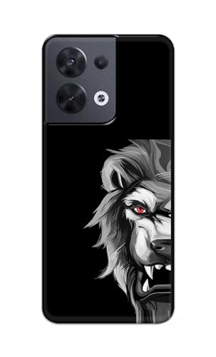 Image of Plastic Printfidaa Printed Hard Back Cover Case For Oppo Reno8 5G | Oppo Reno 8 5G Back Cover (Angry Lion) -112,Black