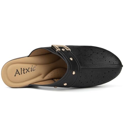 Image of Altxic Women's Hollow Out Low Block Chunky Heels Comfy Slip On Wood Grain Open Back Mule Clogs Black 9 US