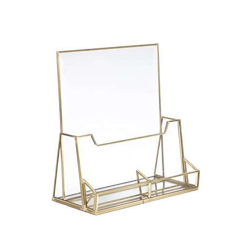 SUMTree Porte-brochures A4 doré avec support pour cartes de visite en verre avec 2 porte-cartes de visite, porte-brochures pour bureau, comptoir, boutique,...