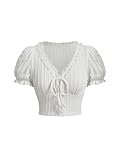 Verdusa Women's Knot Front Lace Trim Puff Sleeve V Neck Crop Tee Shirt Top White M