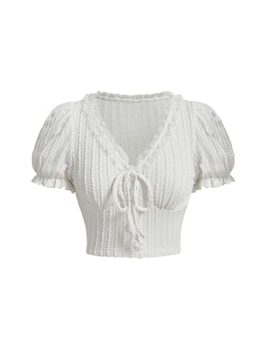 Verdusa Women's Knot Front Lace Trim Puff Sleeve V Neck Crop Tee Shirt Top