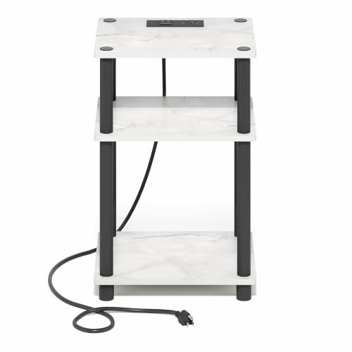Image of Furinno Just 3-Tier Night Stand with Charging Station, Light Marble | USB and Type-C Charging Port, Open Shelf Bedside Table, Side Table, End Table, for Living Room, Bedroom