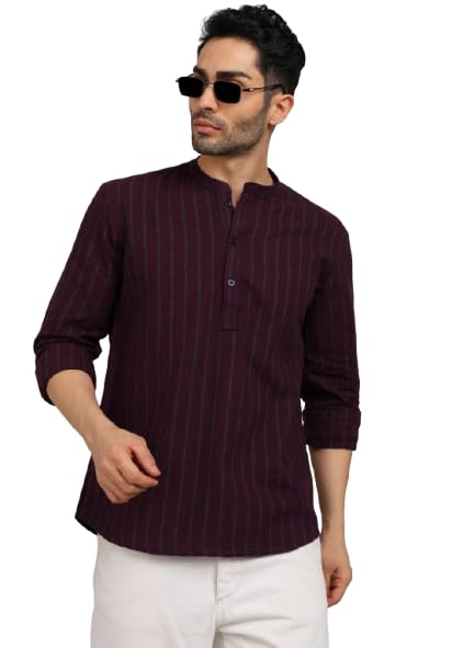 swagg india Men's Cotton Short Kurta, White with Black Stripes, Casual Wear-picture-52