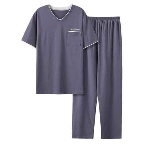Men's 2 Piece Short Sleeve Pjs Set Loungewear Soft Lightweight 2 Piece V Neck Pj Shirt Pants Sleep Set with Pockets