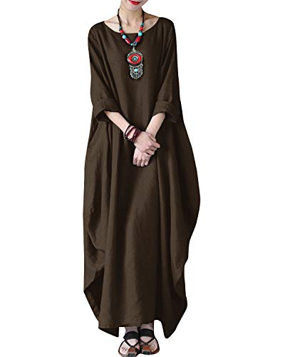 Image of Celmia Autumn Solid Loose Long Maxi Dress Cotton Caftan