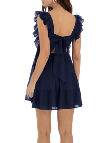 Image of Women's Summer Square Neck Tie Back Ruffle Sleeve Tiered Casual A-Line Short Mini Dress