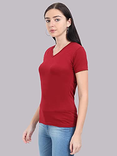 Image of FLEXIMAA Women's Cotton Plain V Neck Half Sleeve T-Shirt