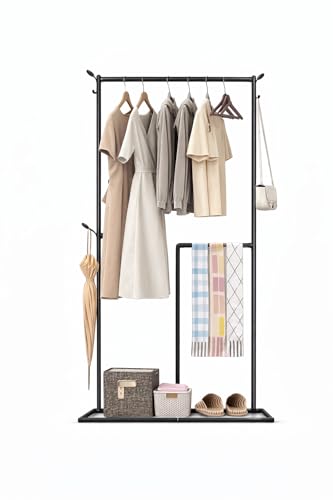 Image of Raawan Heavy Duty Double Rod Clothes Rack with Side Storage Shelves | Metal Garment Stand Organizer | Space Saving Cloth Hanger Stand for Bedroom, Living Room & PG (1 LAYER SM BLACK)