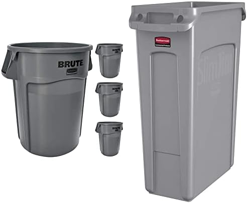 Rubbermaid Commercial Products Brute Heavy-Duty Trash/Garbage Can, 44-Gallon, Gray, Wastebasket & Commercial Products Slim Jim Plastic Rectangular Trash/Garbage Can with Venting Channels, 23 Gallon
