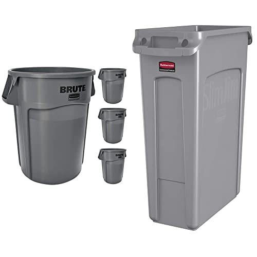 Rubbermaid Commercial Products Brute Heavy-Duty Trash/Garbage Can, 44-Gallon, Gray, Wastebasket & Commercial Products Slim Jim Plastic Rectangular Trash/Garbage Can With Venting Channels, 23 Gallon #TOP2