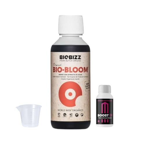 GROWMANIA Bio Bloom di BioBizz 250 ml + Campione Boost Up Nutrients + Misurino | Biobloom Fertilizzante biologico per fioritura | Per vasi piccoli e colture iniziali