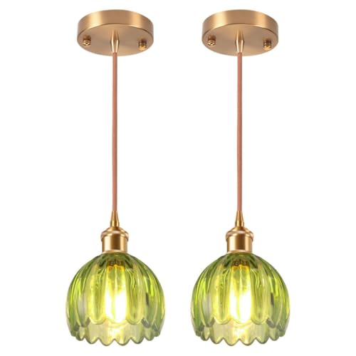 DLGLOLIN Lot de 2 Suspension en Verre Verte Fleur Vintage Laiton Doré Lustre Salon Moderne Éclairage de Plafond Art Déco Intérieure Suspendues Pour Salle...