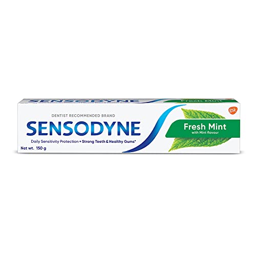 Image of Sensodyne Toothpaste Fresh Mint, Sensitive tooth paste for daily sensitivity protection, 150 gm & Sensodyne Sensitive Manual Toothbrush with Soft Bristles for adult Pack - 4 Pieces,Multicolor