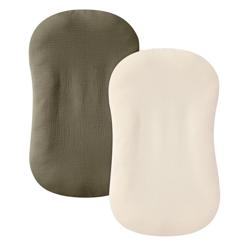 Image of guruixu Muslin Baby Lounger Cover 2 Pack, 100% Cotton Infant Lounger Cover, Soft & Breathable Replacement Slipcover, Compatible with Snuggle Me Newborn Lounger (Dark Olive,Cream)