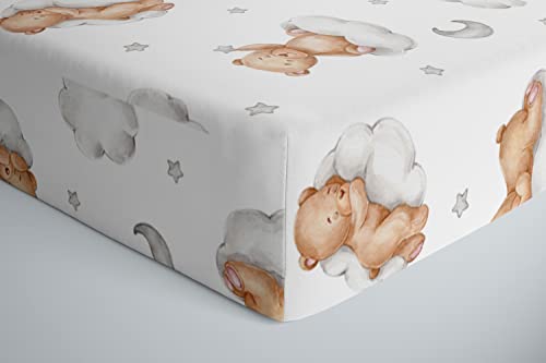 Image of NEYM DESIGN/Premium Cotton Fitted Baby Crib Sheet, Baby Toddler Mattress Cover, Ultra Soft Cotton Sheet, (Clouds and Cute Bears)